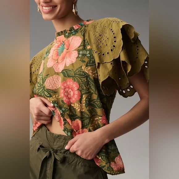 Anthropologie x FARM RIO Eyelet Short Sleeve Blouse Top Embroidered XS NEW - Picture 2 of 6